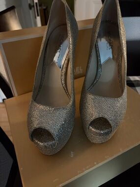 Michael Kors silver Glitter Peep-Toe Heels